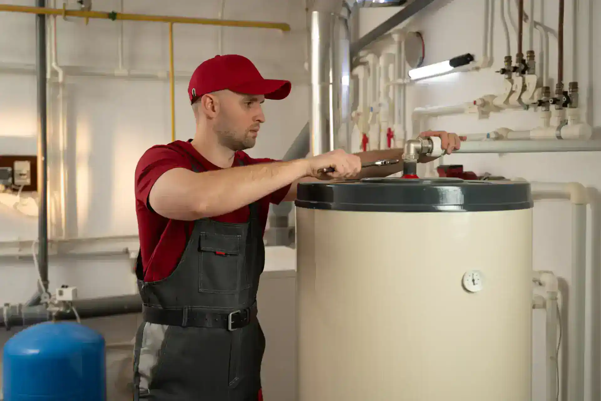 A plumber wearing a red cap and uniform uses a wrench to repair a water heater in a utility room with various pipes and equipment visible in the background.