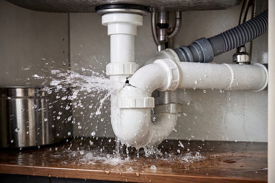 A leaking white pipe under a sink sprays water, causing cabinet water damage and plumbing issues below.